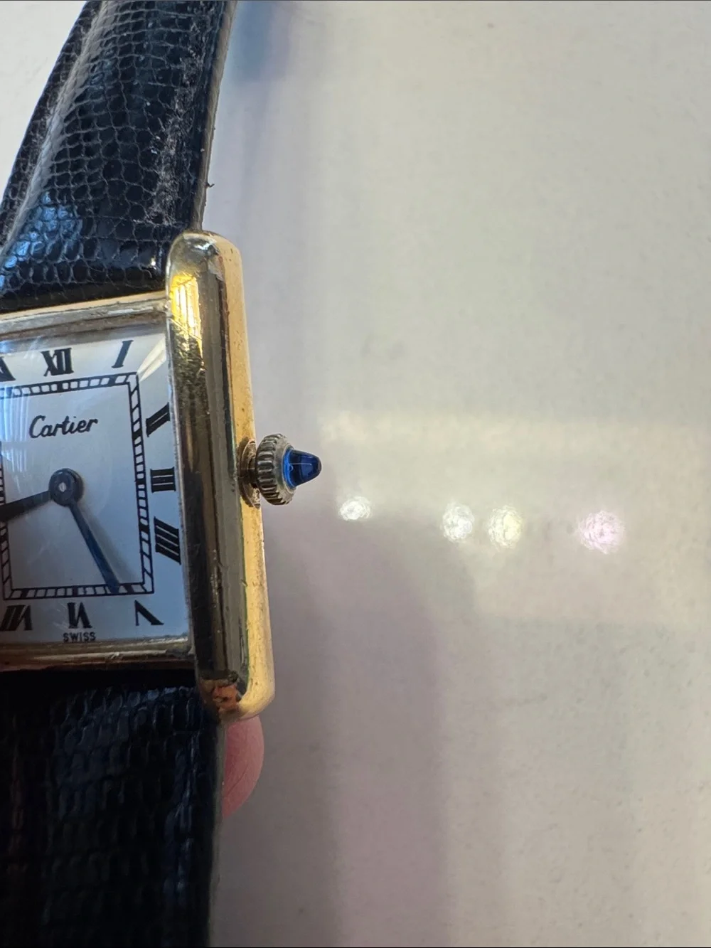 Cartier Gold Tone Rectangular Watch with dark brown Strap and sapphire Cabochon